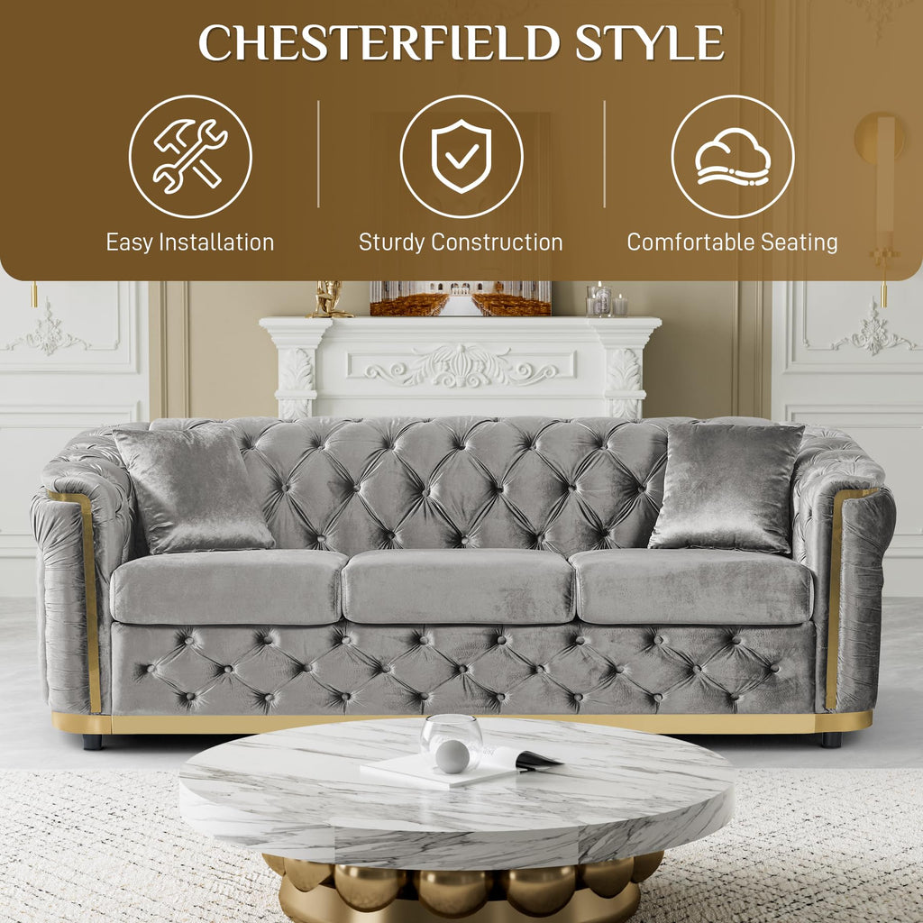84.6" Chesterfield Sofa with Tufted Back and Gold Accents, Grey