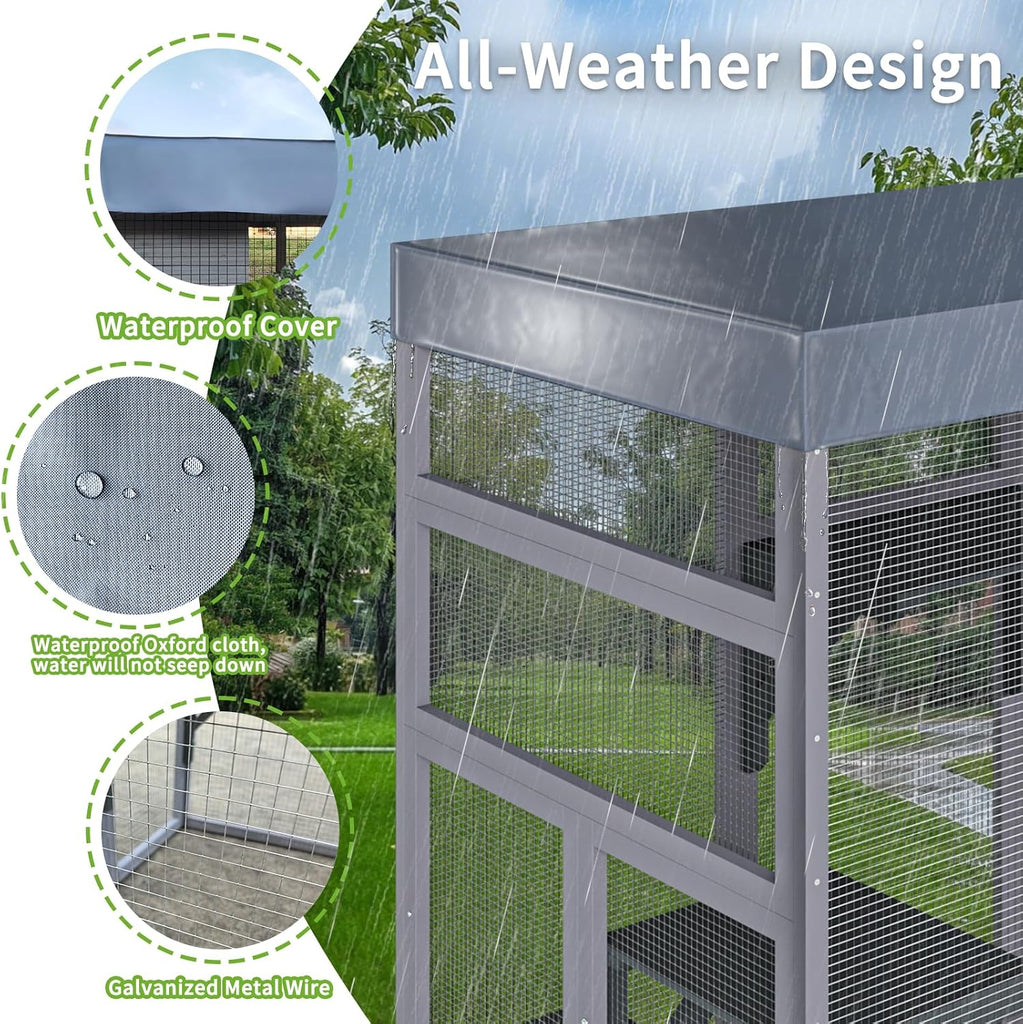 62.6in Wooden Outdoor Catio with Waterproof Roof, Platforms & 2 Cat Houses