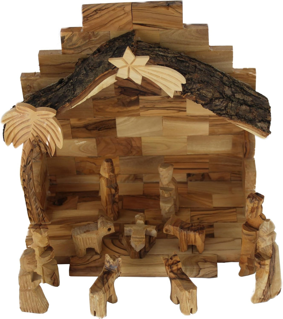 Land Market Olive Wood Nativity Set, 12 Piece with Stable, Bark Roof