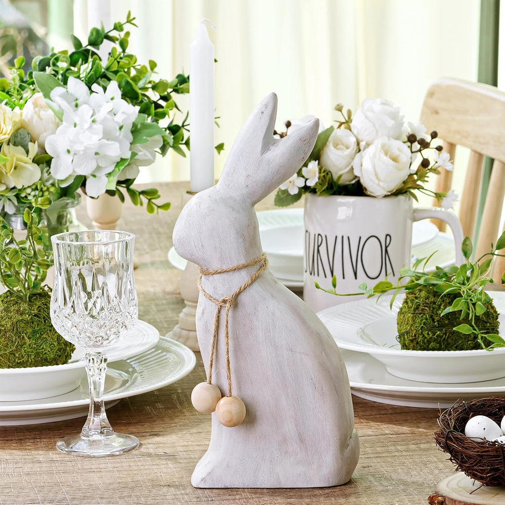 Farmhouse Antique Wood Rabbit Figurines, Handmade Elegant Easter Bunny Statue with Rustic Jute Bows for Spring Easter
