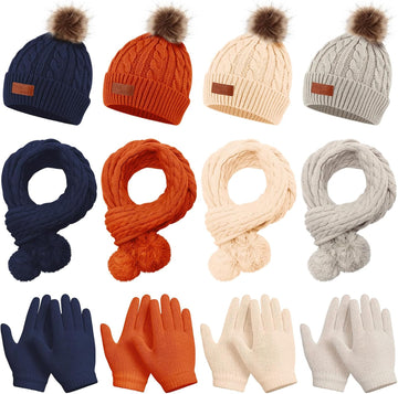 12 Pcs Kids Winter Knitted Kids Winter Beanie Hat Scarf Gloves Set, Warm Boy Girl Pom Hat Scarf Gloves for 5-12 Years