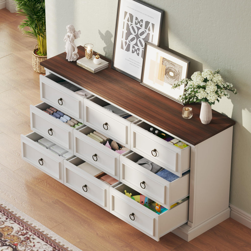 Farmhouse Dresser with 9 Drawers, 60" White Storage Chest of Drawers with with Roman Column, Wood Dresser