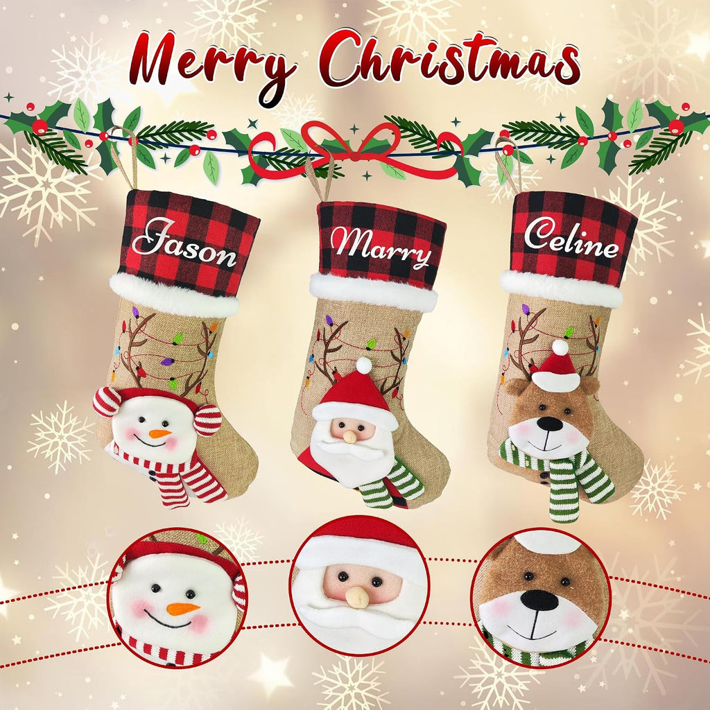 With Name, 18" Gnome Burlap Elk Bear Plaid Xmas Stocking Holiday Christmas Stockings, Holiday Christmas Decoration