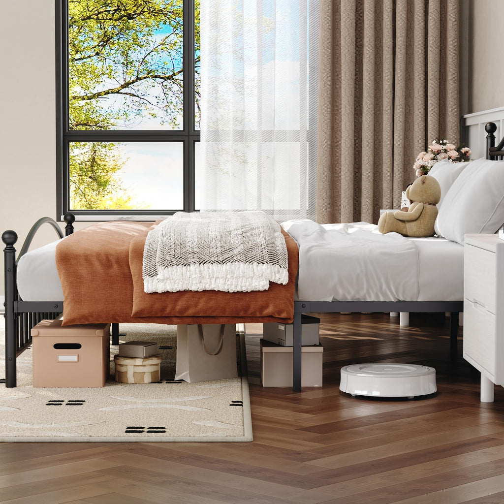 Queen Metal Bed Frame with Victorian Headboard, Storage