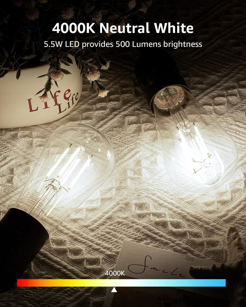 Dimmable E26 Edison LED Bulbs, 4000K Neutral White, 60W Equiv, 6 Pack