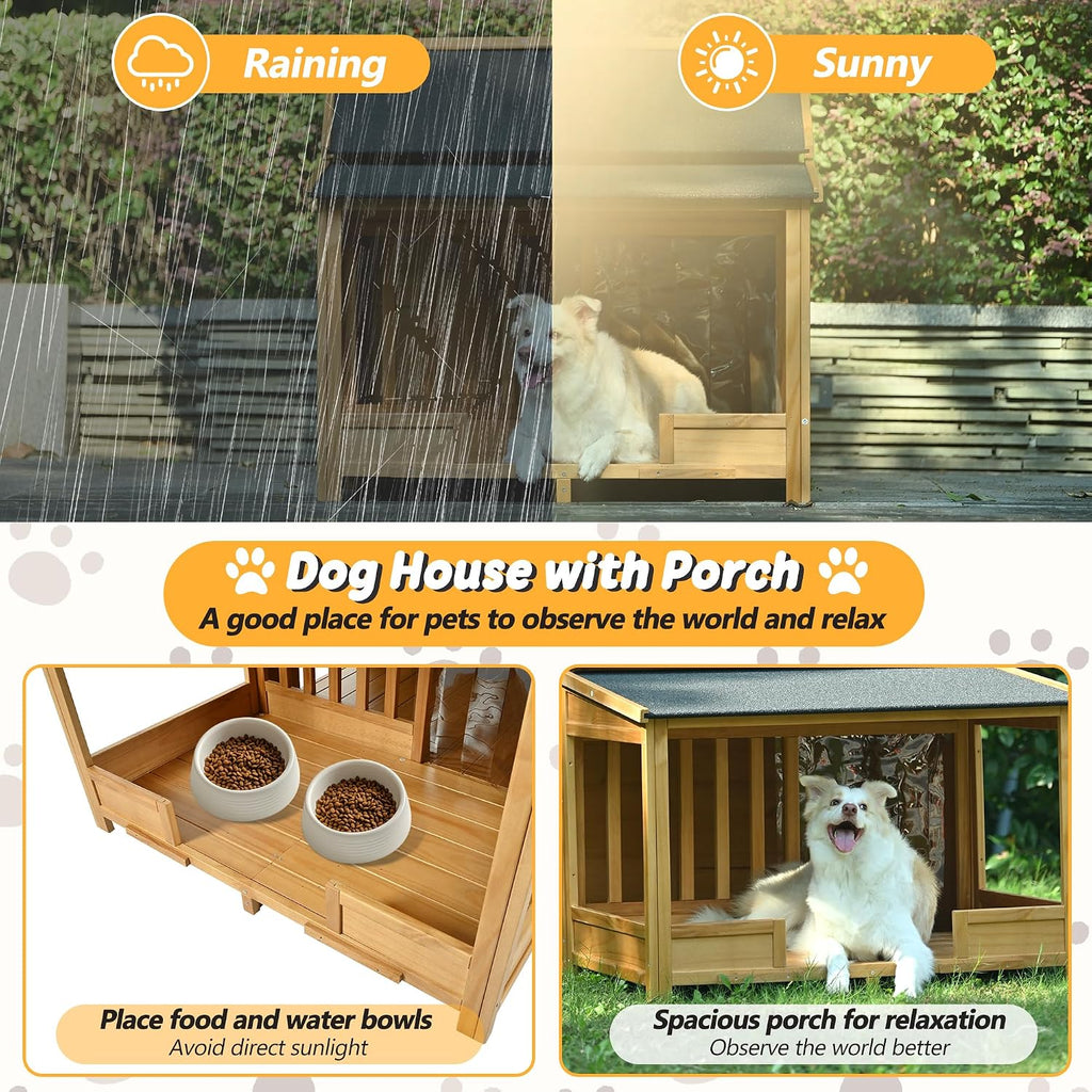 Outdoor Dog House with Insulated Liner, Wooden Kennel with Porch