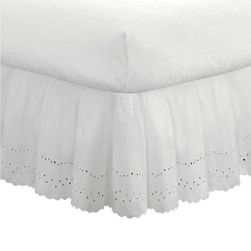 Eyelet Bed Skirt, Ruffled Design, 18 Inch Drop, Embroidered Scalloped Edge, Twin, White