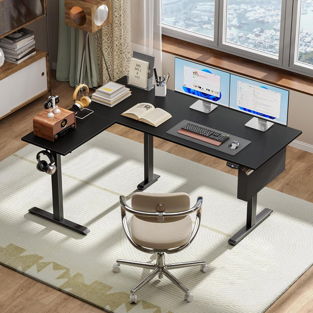63" L Shaped Standing Desk Height Adjustable Memory Presets Black | Reversible Corner Desk, Ergonomic Sit to Stand