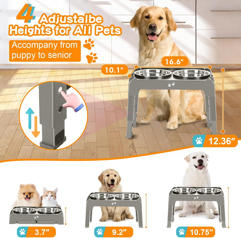 Elevated Bowls, 4 Height Adjustable Raised Stand With 2 Thick 50oz Stainless Steel Food Bowls, Non-Slip Feeder