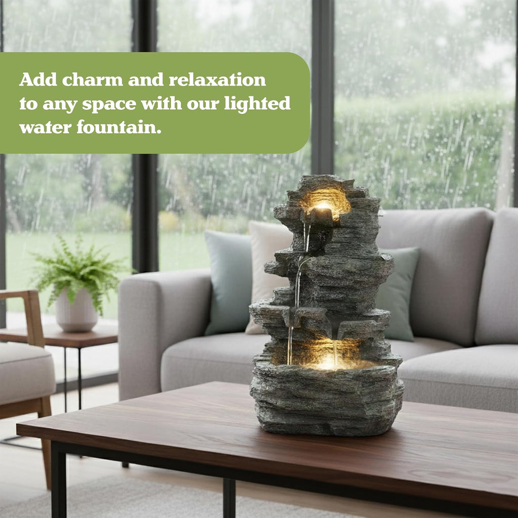 Tabletop Waterfall Fountain with Cascading Rock and LED Lights - Resin Tiered Stones Decor by (Gray)