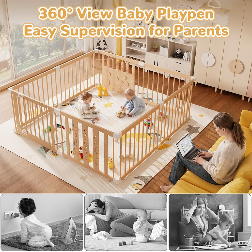 Wooden Baby Playpen, 64"x64" Extra Large Play Yard for Toddlers | Natural Wood Playpen with Child-Proof Lock, Easy