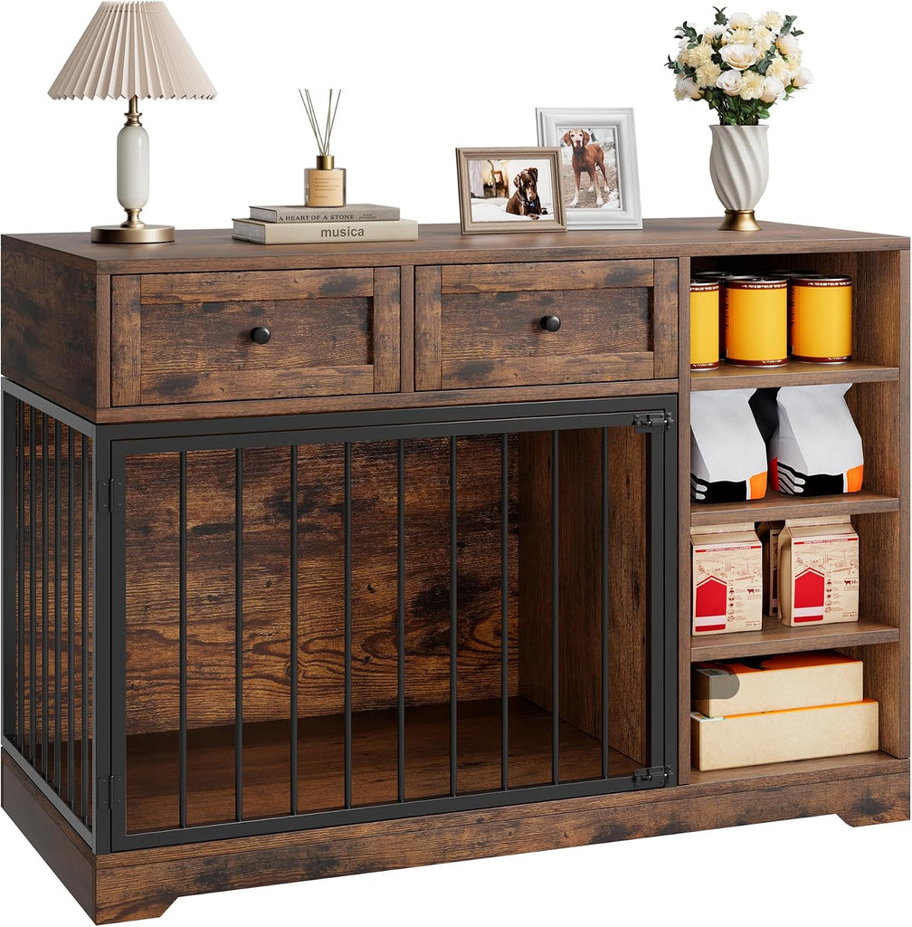 47.2" Dog Crate Furniture with 2 Drawers and 4 Shelves, Wood Dog Crate TV Stand, Large Dog Kennel Indoor for Small