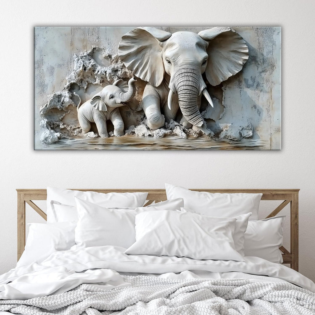 Warm Mother & Baby Elephant Texture Art Picture - Frameless Canvas Wall Art Painting, Family Room, Hallway - 40'' x