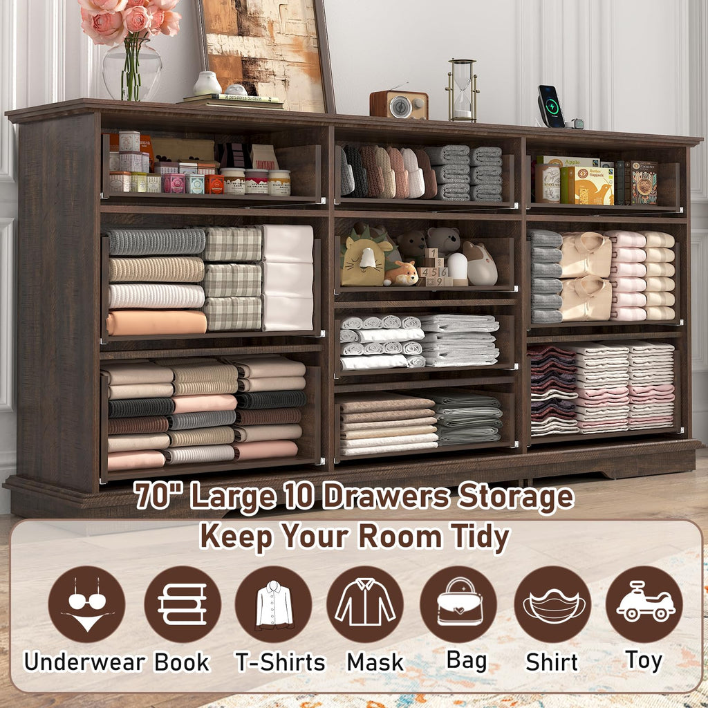 70inch Large Long w/Charging Station, 10 Drawer w/Deep Big Drawers, Wooden Chest of Drawers w/Power Outlet, Brown