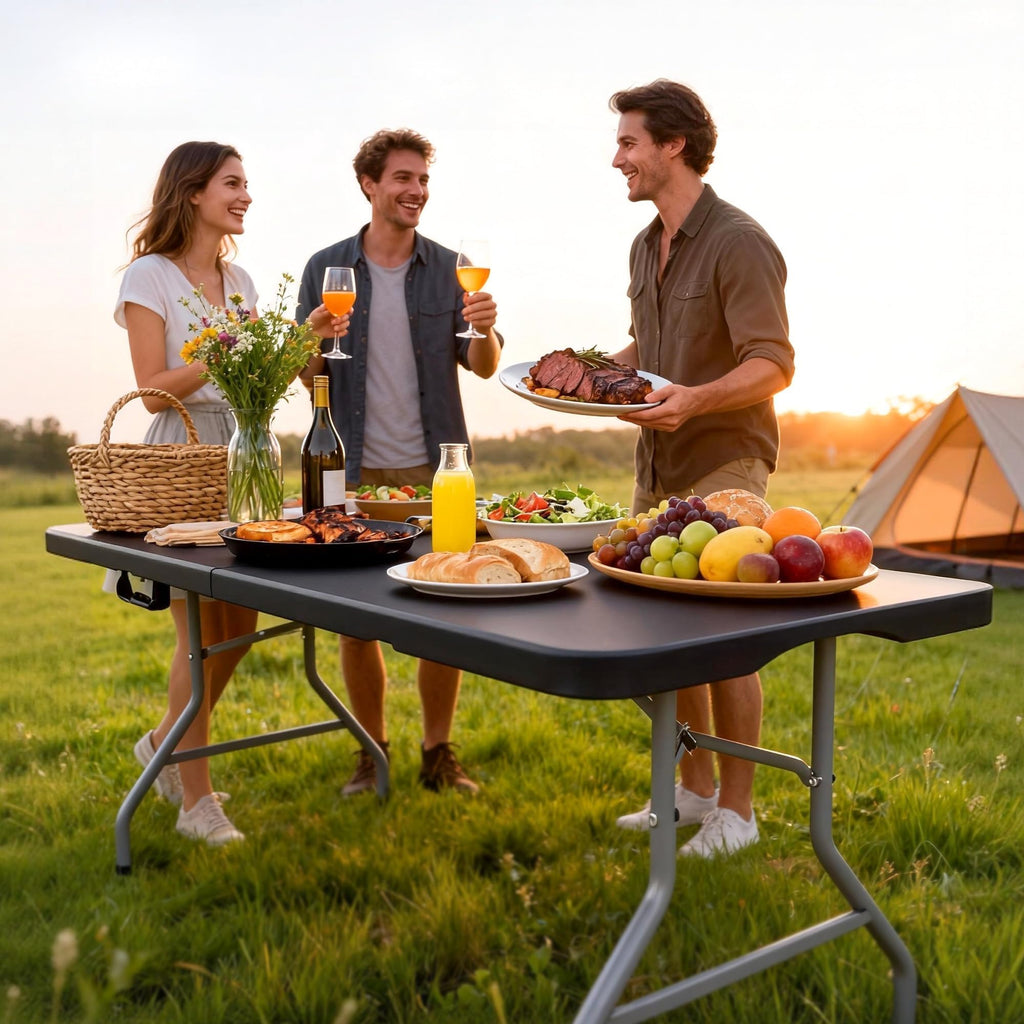 8 Foot Folding Table 350 LBS Heavy Duty, 18% Thicker HDPE Waterproof Top, Portable Fold in Half with Carry Handle and