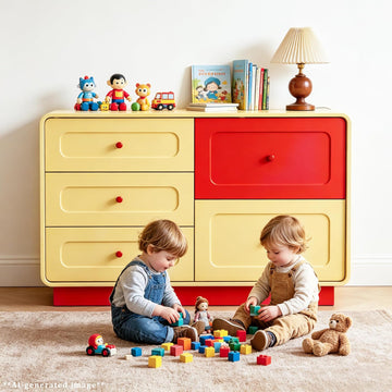 Yellow and Red 5 Drawer Dresser with Large Drawers Curved Edges | Modern Wooden 43.3" Wide Dressers, Storage