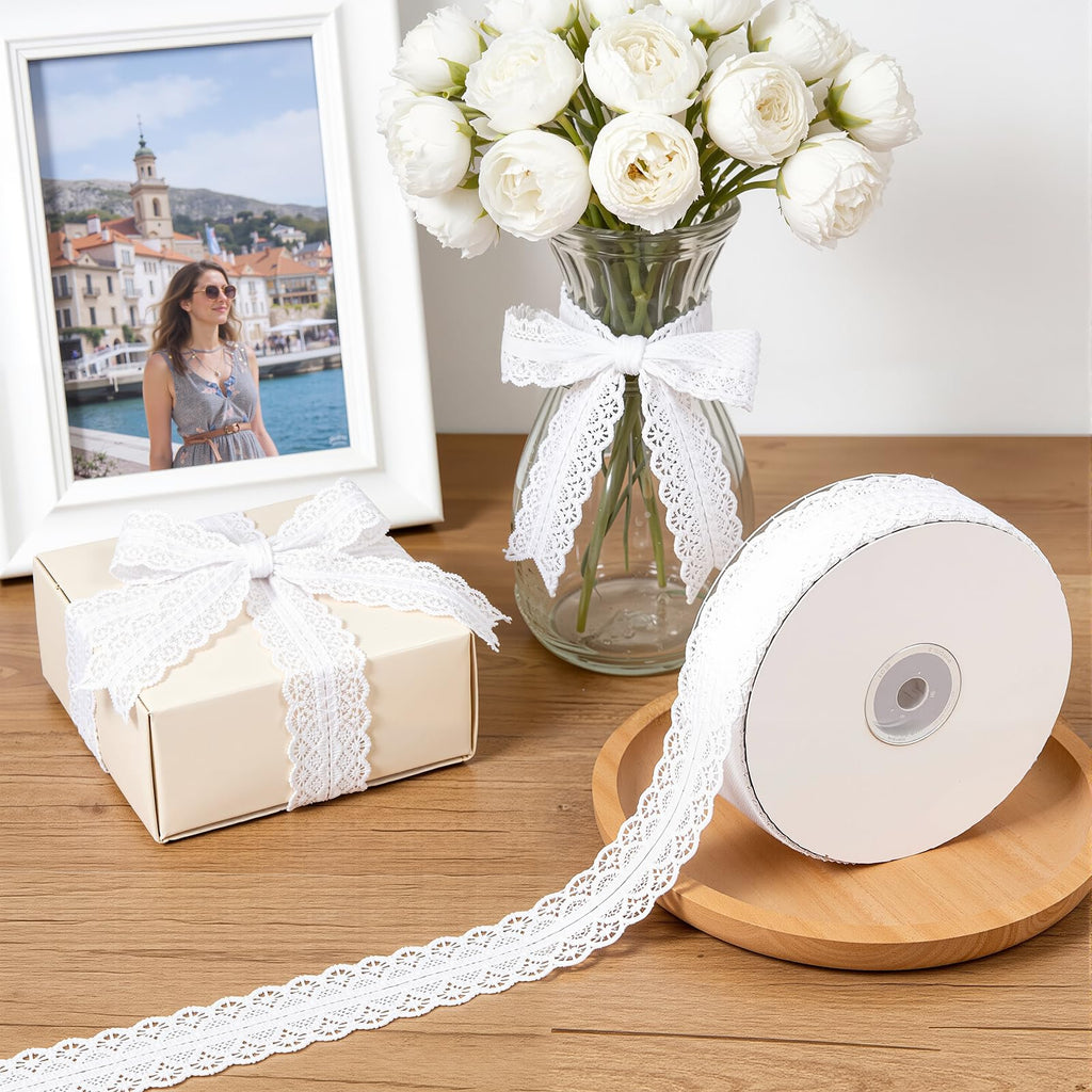 50 Yards White Lace Trim Ribbon Roll, Vintage Crochet Lace for Gift Wrapping, Sewing & Craft Projects, Bridal Wedding