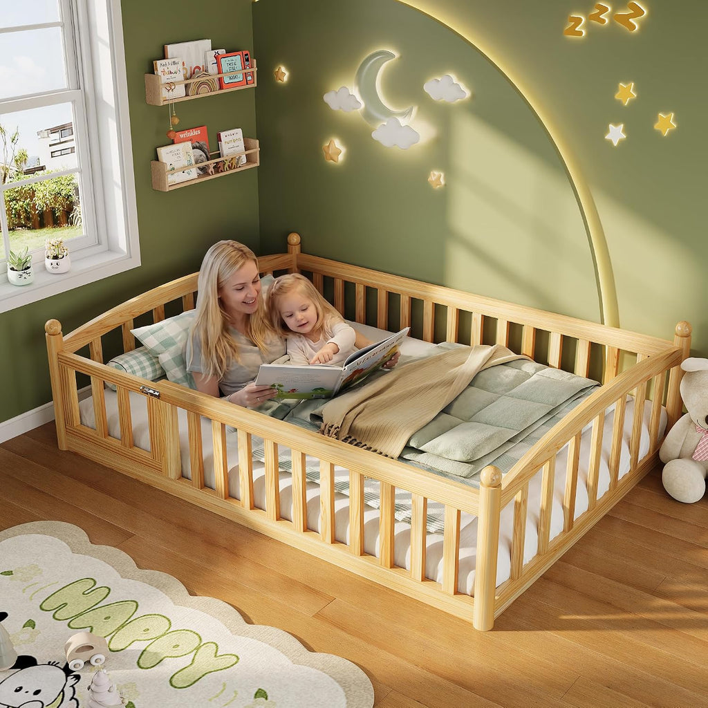 Floor Bed with High Rails, Montessori Bed Frame with Wood Slats and Door, Montessori Floor Bed for Kids