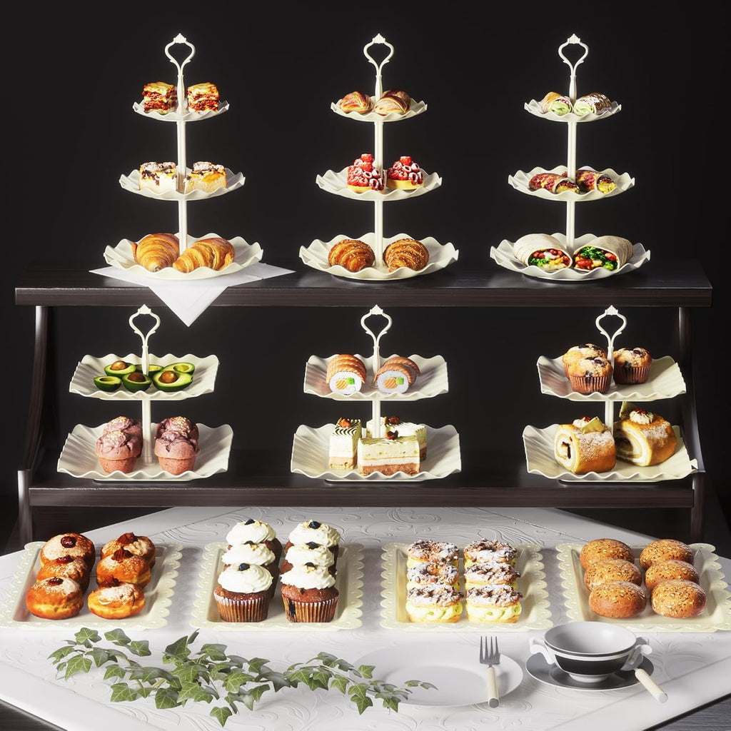Cake Stand Set with 3 x Two-Tier and 3 x Three-Tier Cupcake Stands, Plastic Dessert Table Stand Set 3 Tired - Set of 10