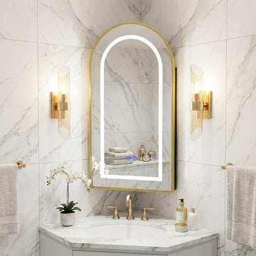 LED Corner Medicine Cabinet with Mirror, One-Touch Defogger, Arched Wall Mount Corner Bathroom Mirrored Cabinets