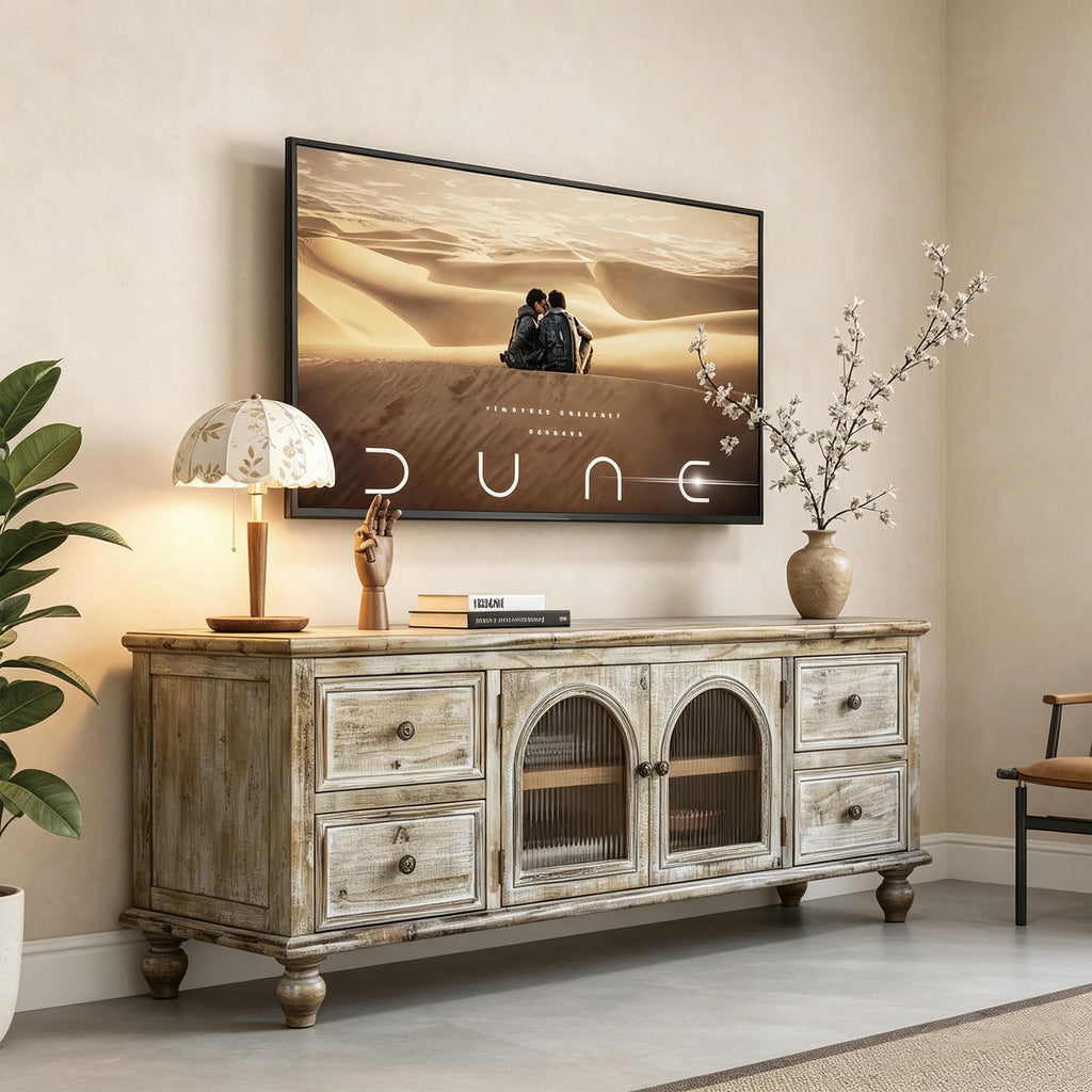 60" Solid Wood Farmhouse TV Stand, Media Console with Doors & Drawers