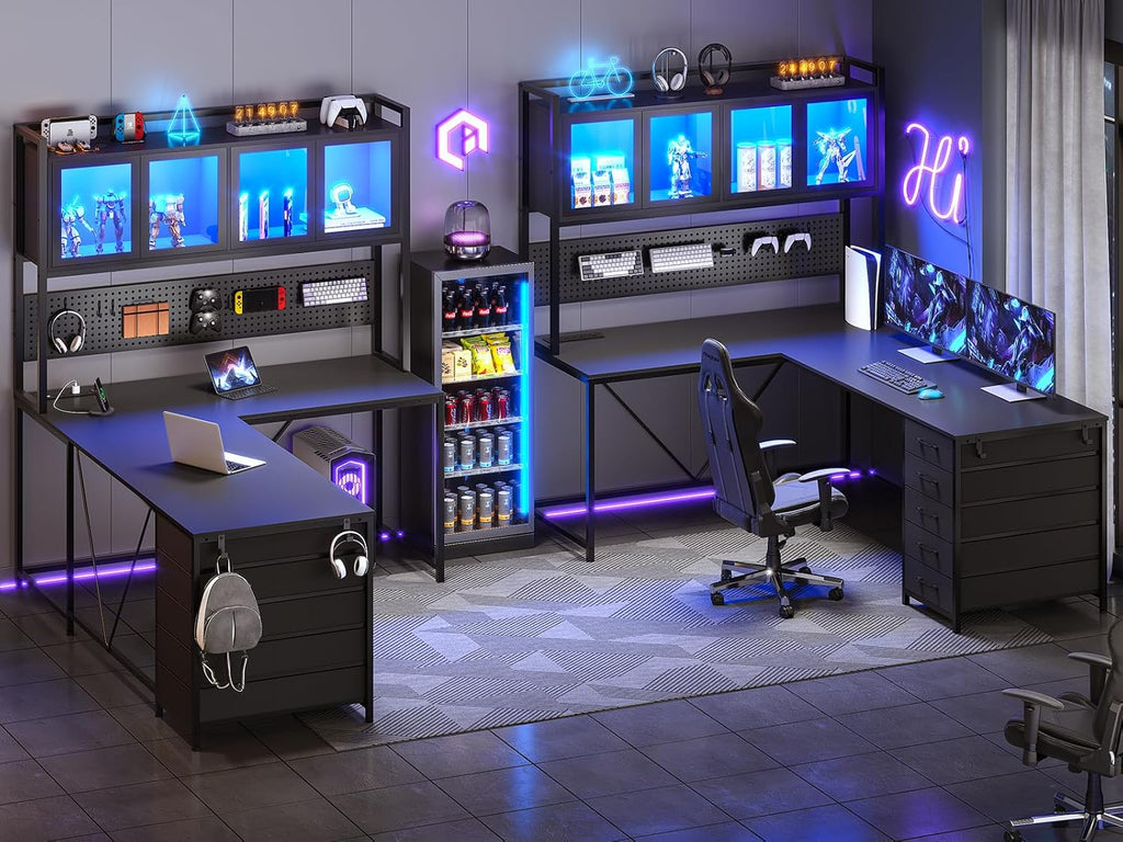 L Shaped Gaming Corner Desk with Drawers, Hutch and Storage Shelves | Reversible Computer Desk, Gaming Desk with
