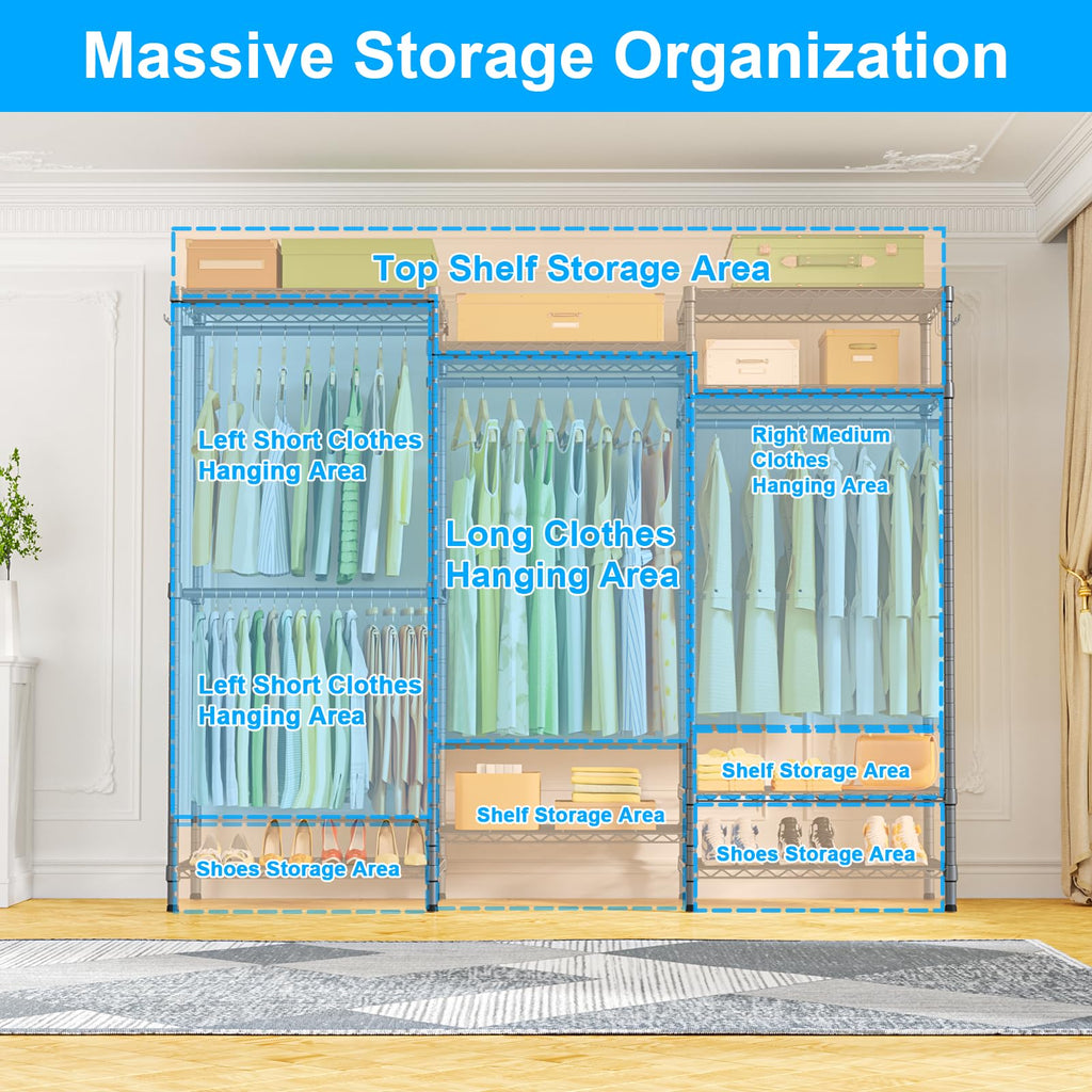 E13 Heavy Duty Clothes Rack(With 4 Hanger Rods & 8 Shelves) Freestanding Clothing Racks for Hanging