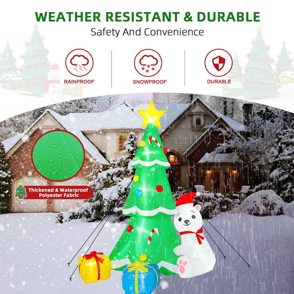 8FT Inflatable Tree Christmas Decorations Outdoor, Xmas Inflatables Polar Bear Holding Christmas Tree Built-in LEDs