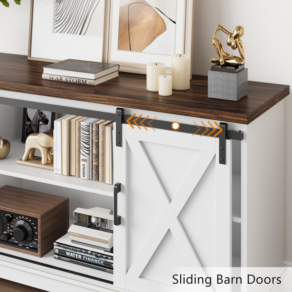 Farmhouse Tv Stand for 65 inch TVs, Entertainment Center with Sliding Barn Doors and Adjustable Shelf, Modern Storage
