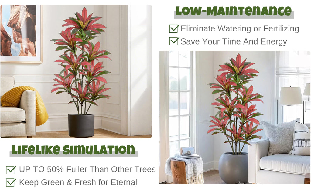 Artificial Red Dracaena Tree 6FT with 132 Leaves & White Planter
