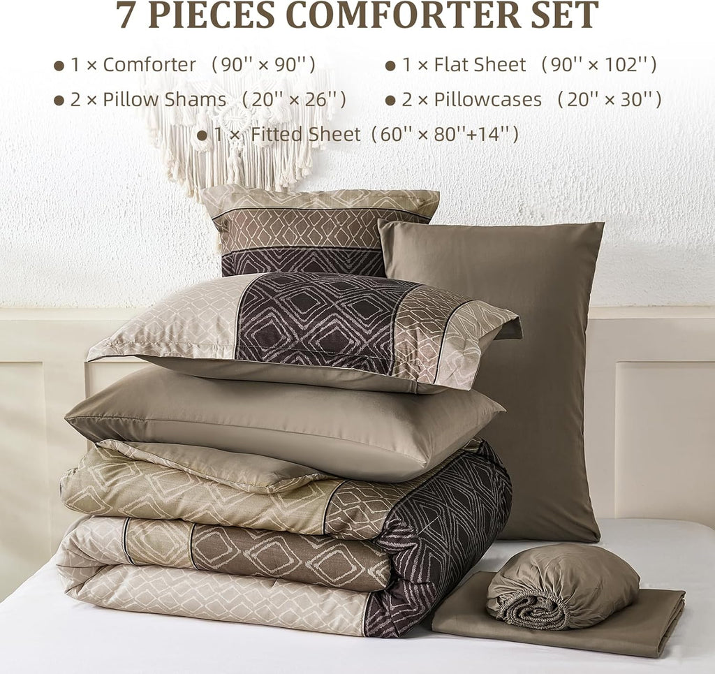 Dinjoy Boho Queen Comforter Set Light Brown,7 Piece Bed in a Bag Queen Warm Striped Bedding Sets with Plaid Fall