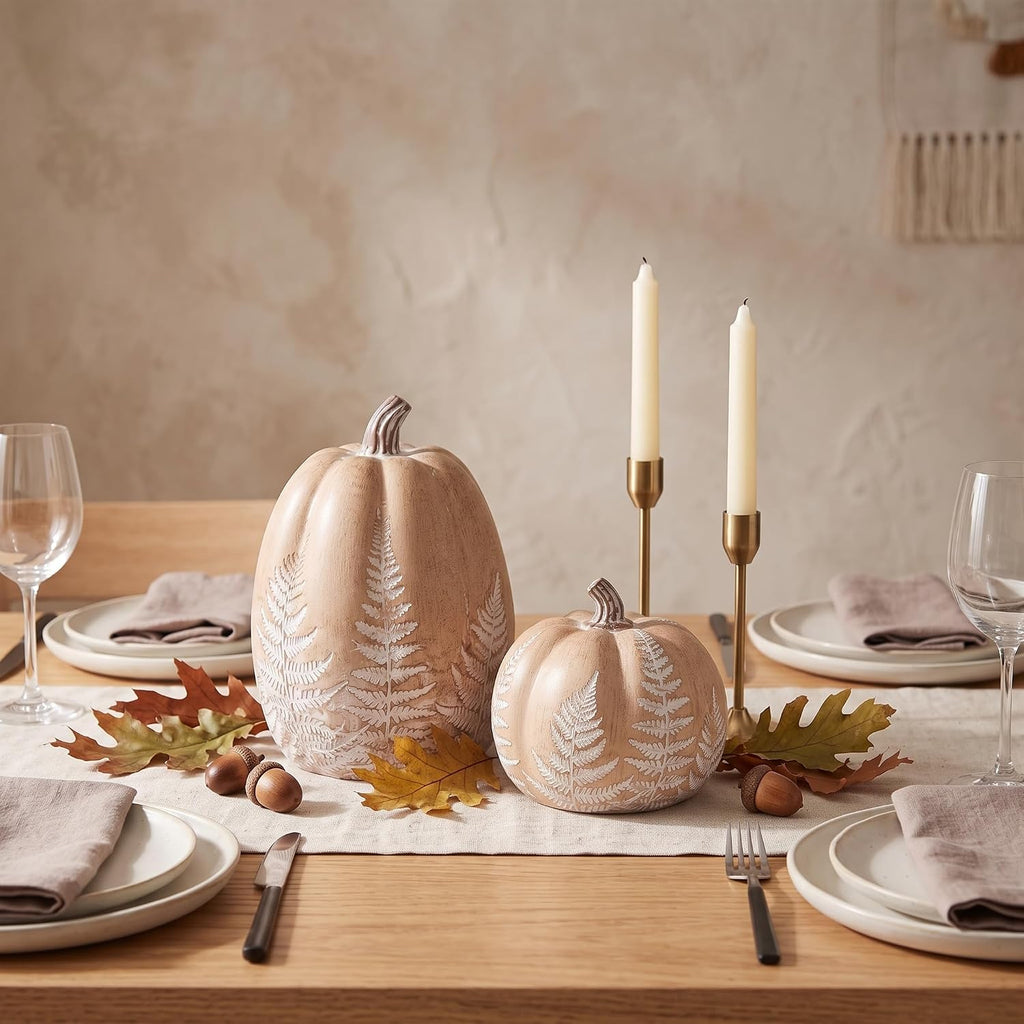 Fall Pumpkins for Decorating, Brown Resin Pumpkin Decor with Leaves Pattern - Set of 2