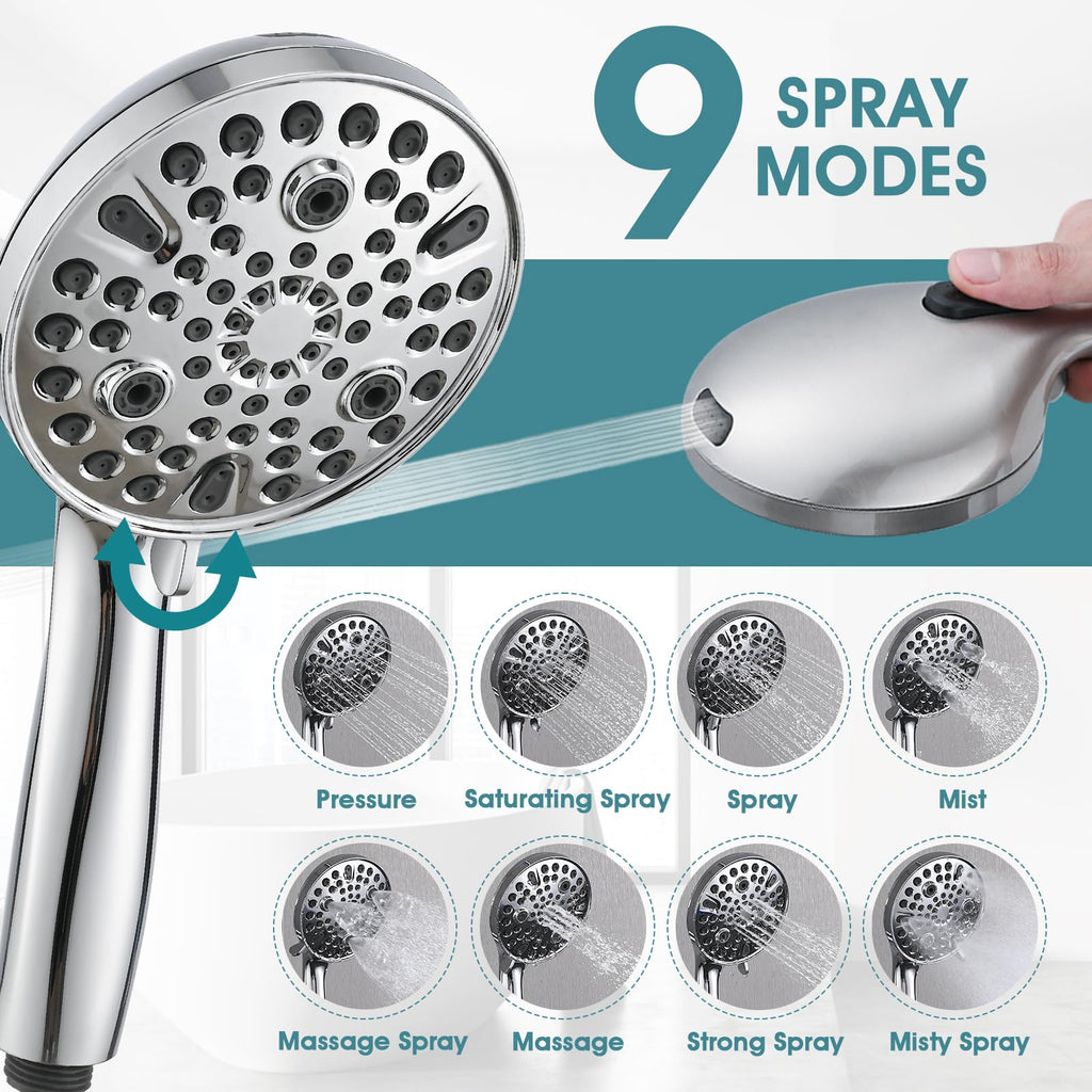 Hand Shower with Slide Bar, High Pressure 10 Setting Handheld Shower Head, Adjustable Height 24" Slide Bar, Wall
