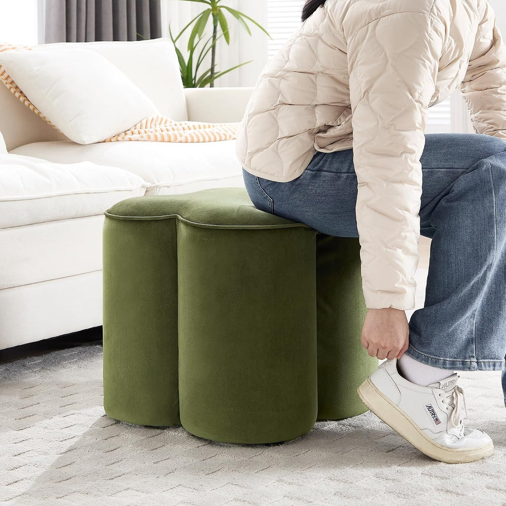 Flower Pouf Ottoman Foot Rest, Velvet Fabric Poofy Ottoman Stool | Large Ottoman Footstool for Couch, Modern Living