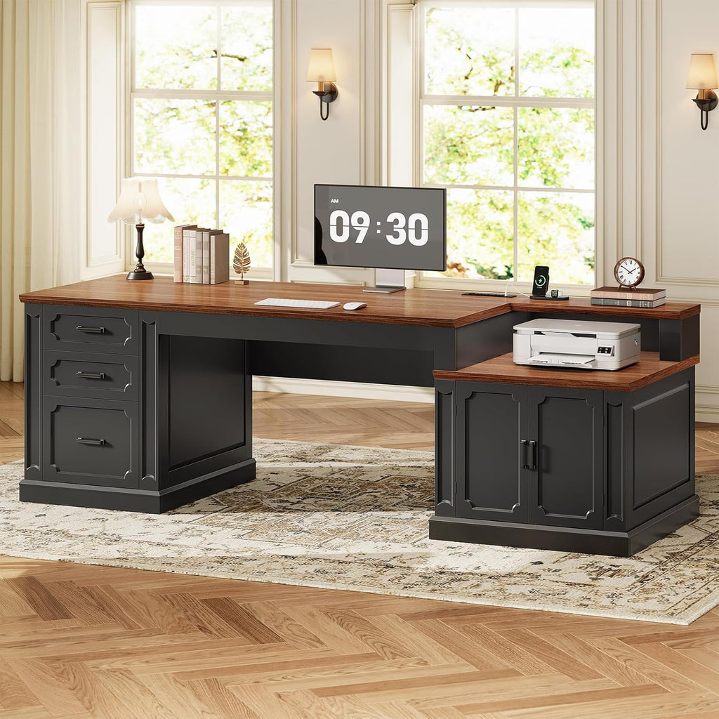 Farmhouse 70.9" Executive Desk, Home Office Desk with File Drawers and Storage Cabinet
