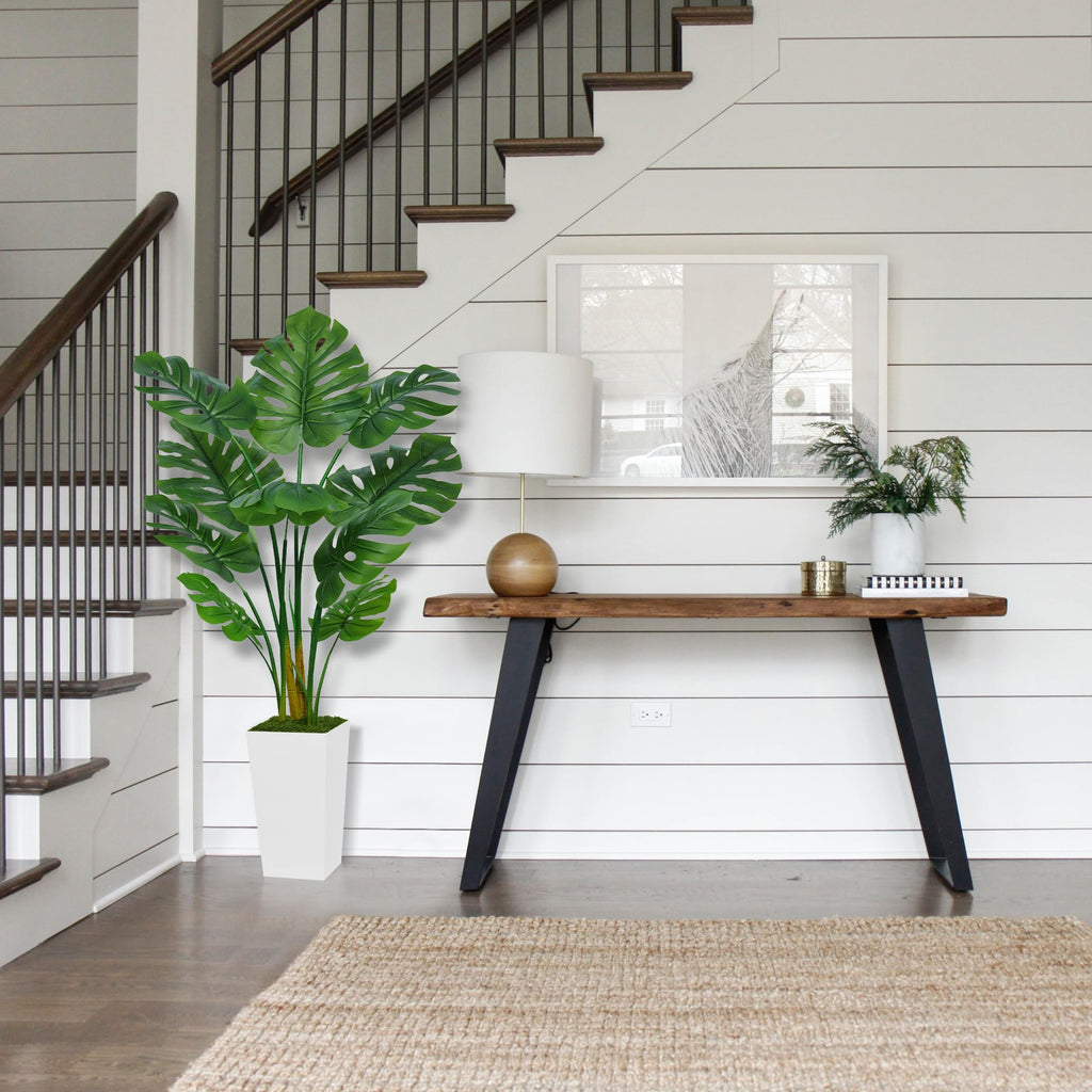 Artificial Monstera Deliciosa Plant 5FT - Faux Tropical Palm Tree with White Tall Planter - Fake Swiss Cheese Floor