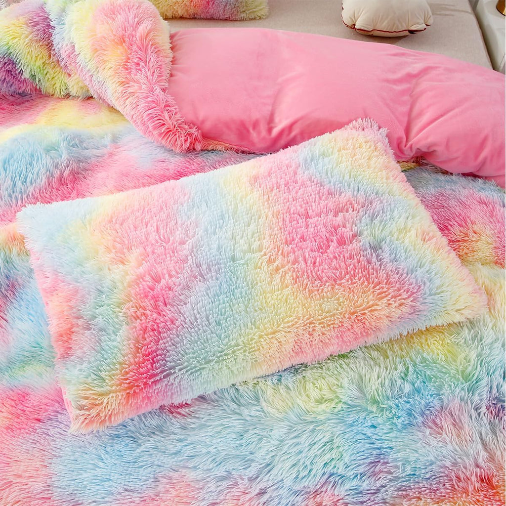 Pink Plush Shaggy Bedding Sets Full 3 Piece Fluffy Faux Fur Girls Comforter Set Soft Tie Dye Velvet Furry Rainbow