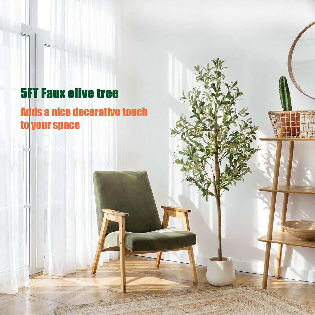 5ft Artificial Olive Trees Indoor, Faux Olive Tree with Natural Wood Realistic Leaves Lifelike Fruits Fake Olive