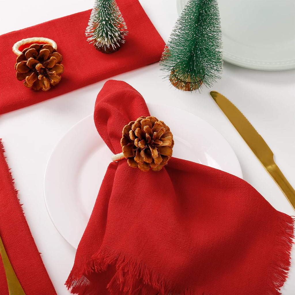 Christmas Napkin Rings, Pinecone Napkin Rings, Handmade Cloth Napkin Holder with Cloth Buckles - Set of 8