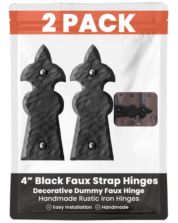 2 Pack 4" Black Faux Strap Hinges - Hand Forged Dummy Faux Hinge - Handmade Rustic Iron Hinges for Farmhouse Shutter