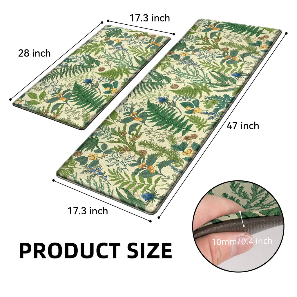 2PC Botanical Kitchen Rugs Set, Beige Green, 17.3"x28" + 17.3"x47"