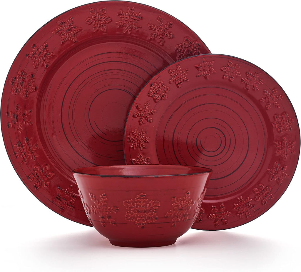 Trellis Snowflakes 12 Piece Dinnerware Set, Service For 4, Red