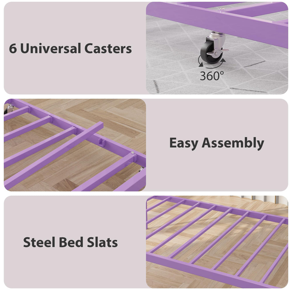 Twin Daybed with Trundle, Metal Sofa Bed Frame with Steel Slat Support, Twin Size Space-Saving Furniture, Love Heart