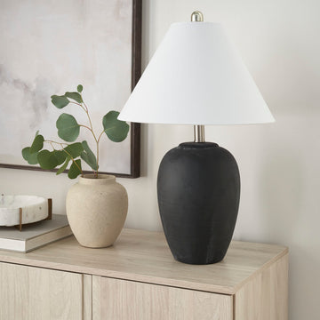 Home 23" Black Vintage Distressed Ceramic Pot Table Lamp, End Table, with White Conical Empire Shade