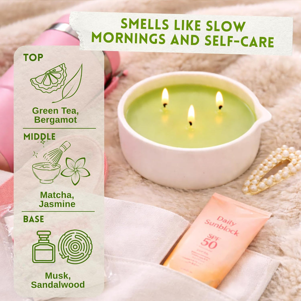 Green Tea Candle - Small 4.25x2.5 Decorative Matcha Scented Candles, Sandalwood Jasmine Aromatherapy for Men or