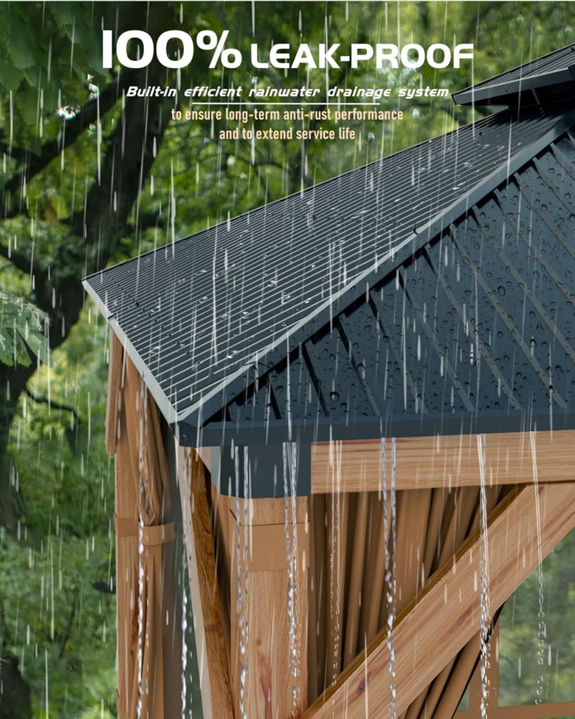Hardtop Wood Gazebo 10 x 10 ft, with Double Metal Roof, Net, and Curtain, Permanent Building and Garden