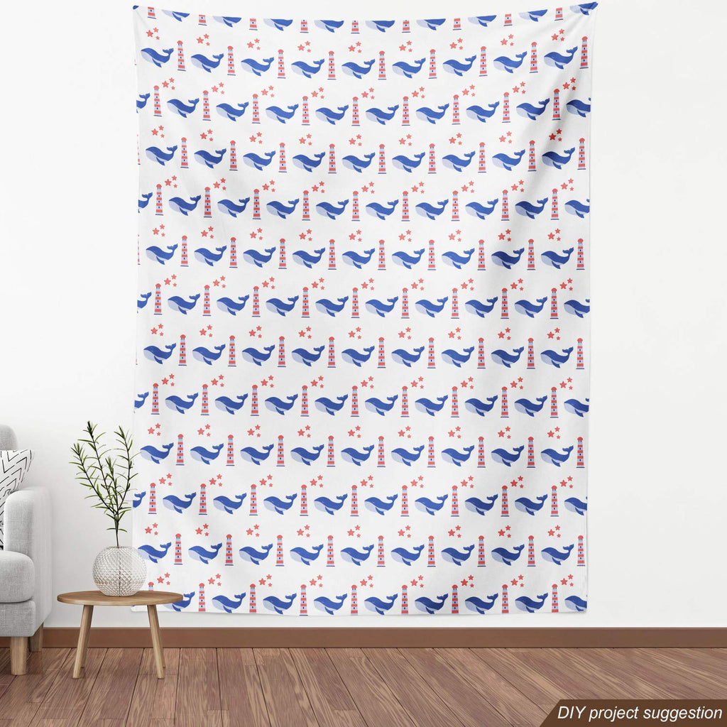 Nautical Blue Fabric by The Yard, Marine Themed Pattern of Whale Lighthouse and Starfish, Decorative Fabric for