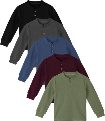 5 Pack Toddler Boys Long Sleeve Henley Shirts Waffle Thermal Tops Casual Toddler Long Sleeve Shirt for Kids
