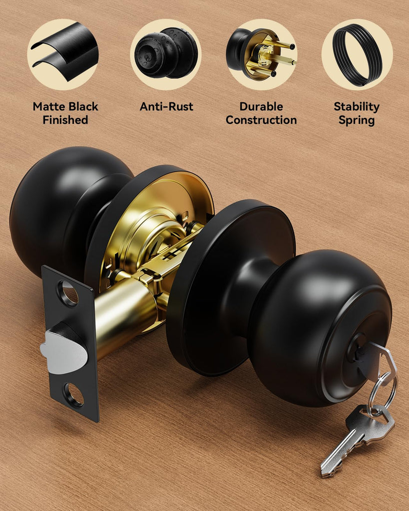 6 Pack Door Knob with Lock, Keyed Same Entry Door Knobs, Interior and Exterior Round Ball Door Lock for Front Bedroom