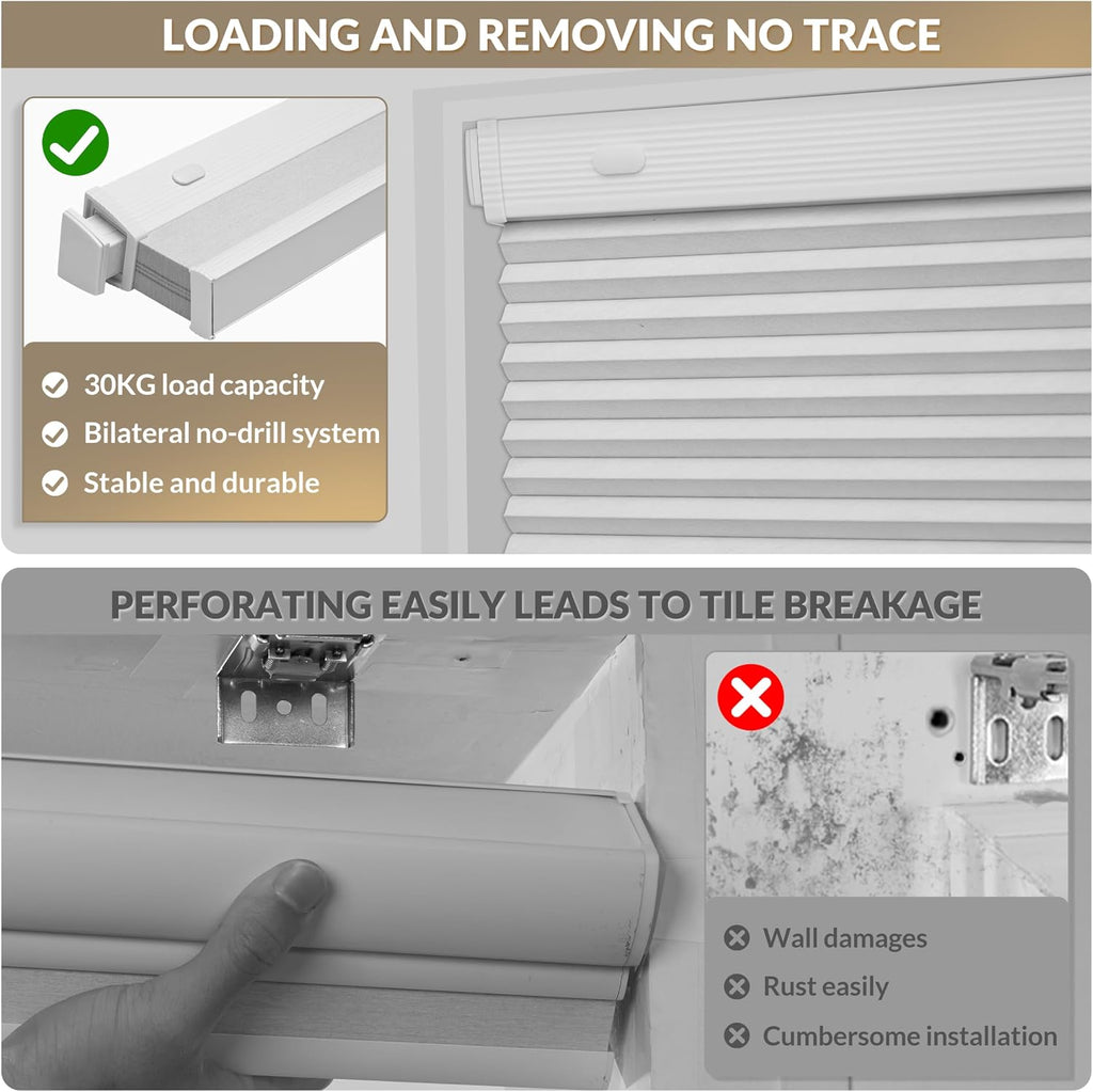 No Drill Cellular Shades for Indoor Windows,White, | Noise Reducing & Thermal Insulating Honeycomb Blinds,Cordless